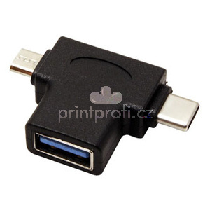 USB redukce, (2.0), USB A samice - microUSB samec + USB C samec, ern, plastic bag OTG