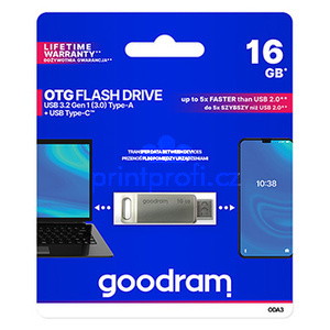 Goodram USB flash disk, USB 3.0, 16GB, ODA3, stbrn, ODA3-0160S0R11, USB A / USB C, s otonou krytkou