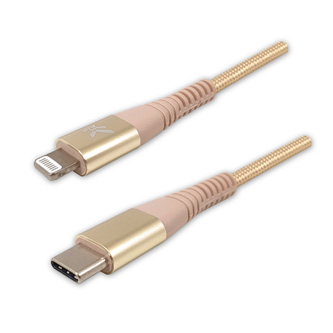 Logo USB kabel (2.0), USB C samec - Apple Lightning samec, 1m, MFi certifikace, 5V/3A, zlatý, box, nylonové opletení, hliníkový kr