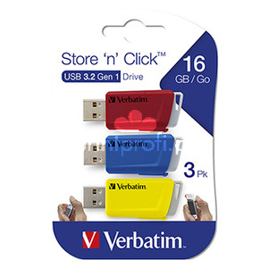 Verbatim USB flash disk, USB 3.0, 16GB, Store N Click, mix barev, 49306, USB A, s vsuvnm konektorem, 3ks